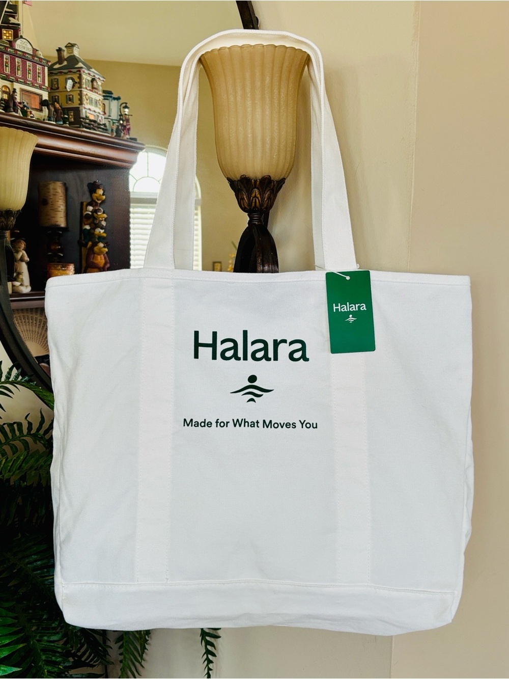 Brand New HALARA White Canvas Tote Green Logo Large Shoulder Bag Gym Casual - Picture 9 of 9